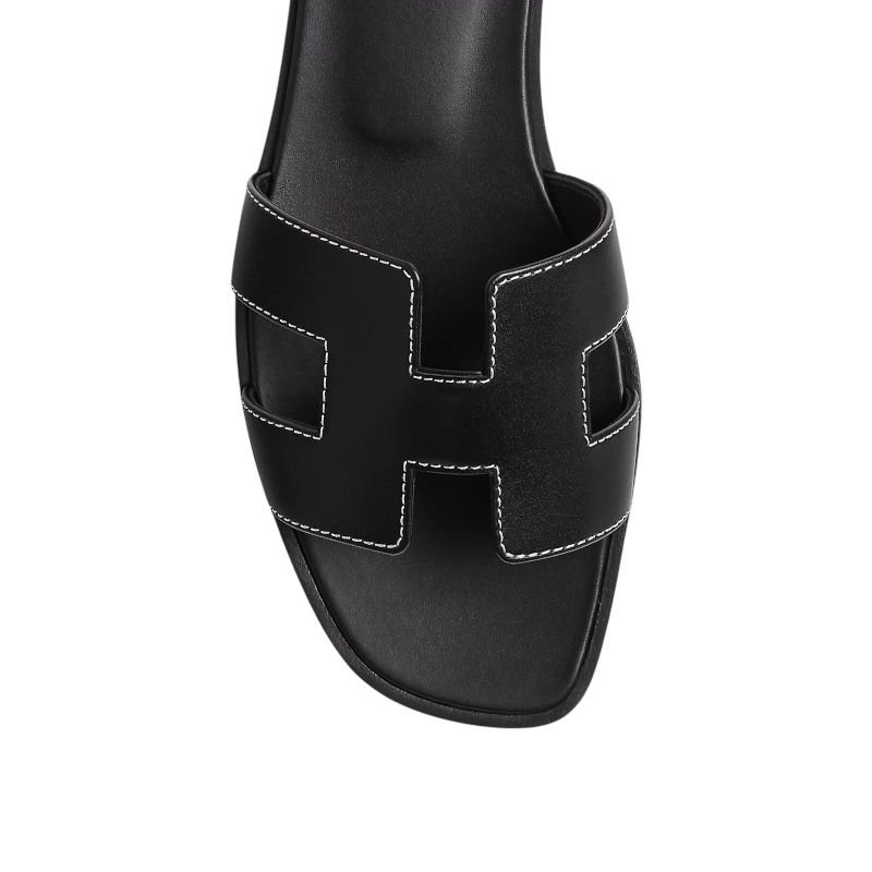 Hermes Oran Sandal Black Calfskin – White Top Stitch Flat - Image 4